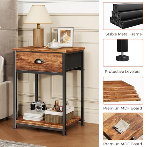 Image of Furologee Nightstands Set of 2, Night Stand with Fabric Drawer and Storage Shelf, Retro Bedside Sofa Tables for Small Place, End Side Tables Living Room Bedroom, Rustic Brown