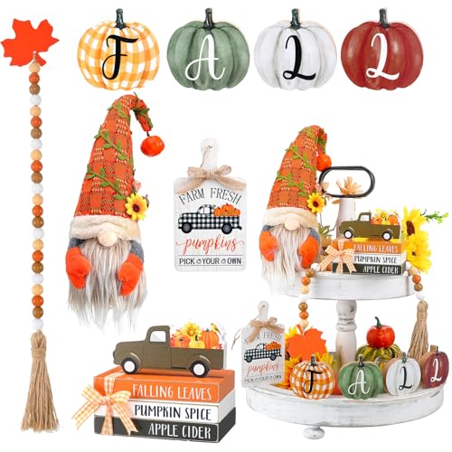 Seeloowy 11 Pcs Thanksgiving Tiered Tray Decoration Set Autumn Pumpkin Farmhouse Decor Fall Gnome Truck Pumpkin Bead Garland Wooden Sign Harvest Table Centerpieces Blocks Signs for Home Decor