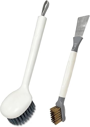 Juego de 2 cepillos de mano para platos con limpiador de latón y raspador de acero para grasa persistente, limpiador de doble cabezal para ollas,