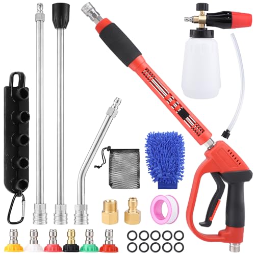 Gyfent 18Pcs Pressure Washer Accessories Car Wash Foam Cannon 5000PSI Pressure Washer Gun M22 14mm or 15mm Fitting 1/4 Quick Connector 6Pcs Nozzle Tips for Outdoor Gutters Roof Siding