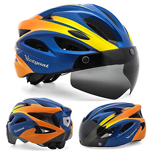 Victgoal Adults Bike Helmet for Men Women Detachable Magnetic Goggle Visor Bicycle Helmet with LED Rear Light Cycling Road Mountain Cycle Helmet (Blue Orange) - Image 2