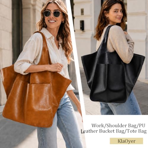 Image of KlaOYer Oversized Leather Tote Bag Huge Capacity Work Hobo Pu Leather Bucket Purse And Handbag Large Soft Travel Shopping Bag