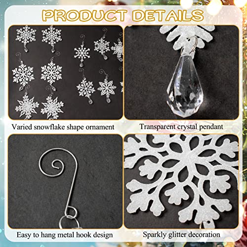 Christmas Snowflake Ornaments Decorations - 12Pcs Plastic Glitter White Snowflake Decorations With Crystal Pendant And Hook For Christmas Tree Decor Winter Wonderland Frozen Birthday Party Supplies #TOP5