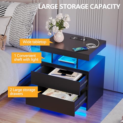 dnbss Nightstand with Charging Station and LED Light, Modern Night Stand with 2 Drawers, Smart Nightstand with USB Ports and Wireless Charger, Bedside Table for Bedroom (Black)