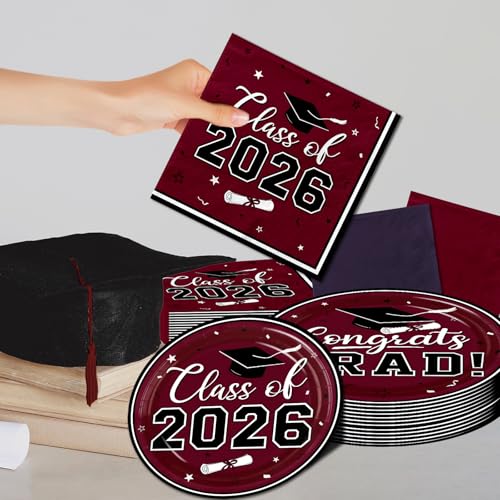 Graduation Party Plates and Napkins,Congrats Grad Party Supplies Class of 2026 Theme Tableware Decoration for College High School Congrats Grad Favors Serve 50（Wine Red） by Gupesxu - Used condition - Image 5