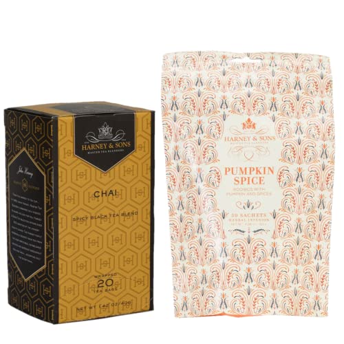 Harney and Son's Herbal & Black Tea Variety Gift Set (2 Count, 70 Bags Total) - Pumpkin Spice and Chai Sampler - Rooibos Tea with Spices - Black Tea with Vanilla and Spices