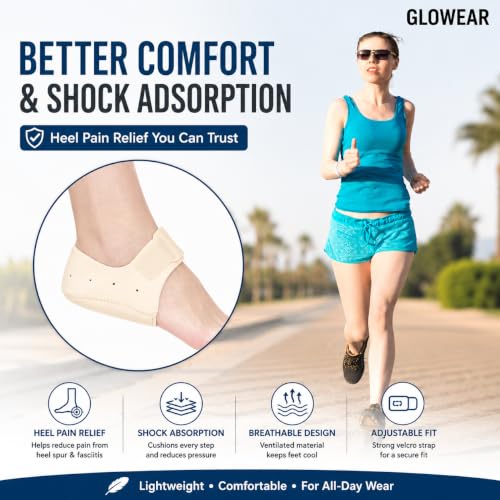 Image of Glowear Silicone Gel Heel Cups & Heel Pads for Heel Pain Relief | Plantar Fasciitis, Heel Protector for Men & Women | Breathable Cushion Support | Washable & Reusable | Beige, Small