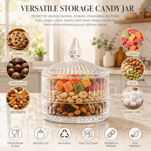 Image of bellemax Ribbed Glass Candy Jar with Lid, Clear Decorative Storage Container for Candy, Cookies, Dry Fruits, Chocolates, Snacks & Kitchen (Pack of 1)