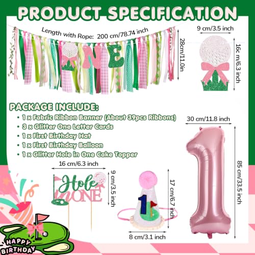 Image of Golf Hole in One Highchair Banner for First Birthday Party Decorations | Pink Green Golf High Chair Fabric Banner for 1st Birthday Backdrop Decorations Photo Props Baby Shower Party Supplies