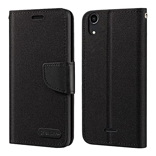 Shantime Étui Portefeuille Tissu Oxford Compatible avec Wiko Rainbow Lite 4G, Coque Magnétique Durable avec Fentes Cartes et Support(Noir)