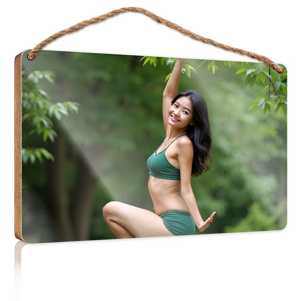 Front Door Sign Plaque A Woman In Green Attire Strikes A Yoga Pose Amidst Lush Greenery. Posters For Teens Bar Signs For Home(20X30CM)