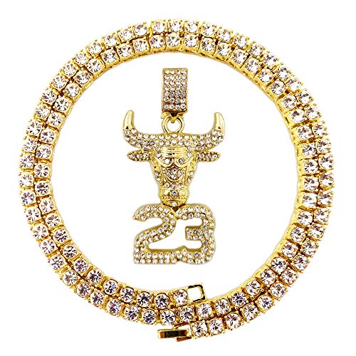 HH Bling Empire Mens Iced Out Hip Hop 14K Gold Artificial Diamond NBA Basketball Related Pendant cz Tennis Chain Necklace 22 Inch (NO.23-3)