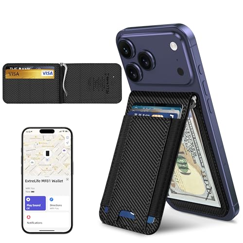 ExtreLife MagSafe Wallet with Money Clip Work with Apple Find My Magnetic Phone Wallet Stand for iPhone 17/16/15/14/13/12 Series 8 Card Holder RFID Blocking Rechargeable Carbon Fiber Black