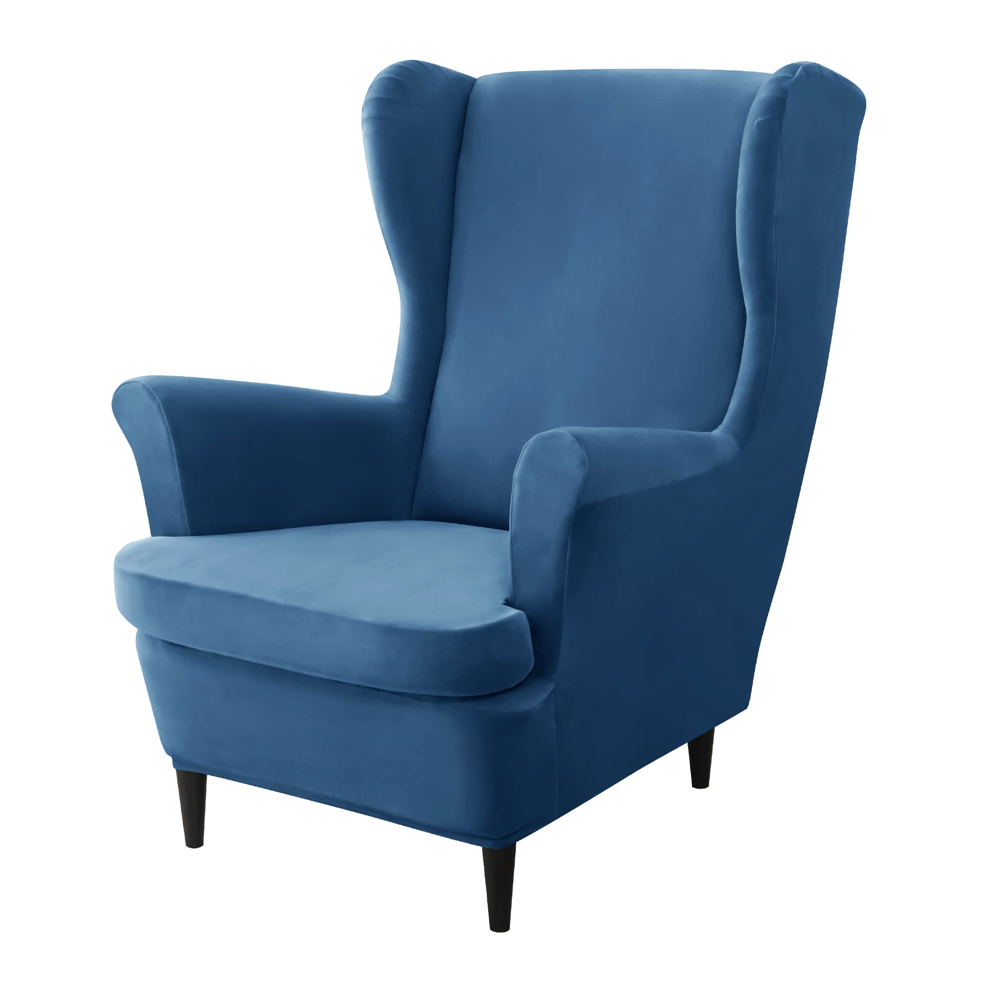 CONRUSER Stretch Wingback Chair Covers, 2 Piece Wing Chair Slipcovers Soft Velvet Armchair Covers with Elastic Bottom for Living Room Bedroom (Blue)