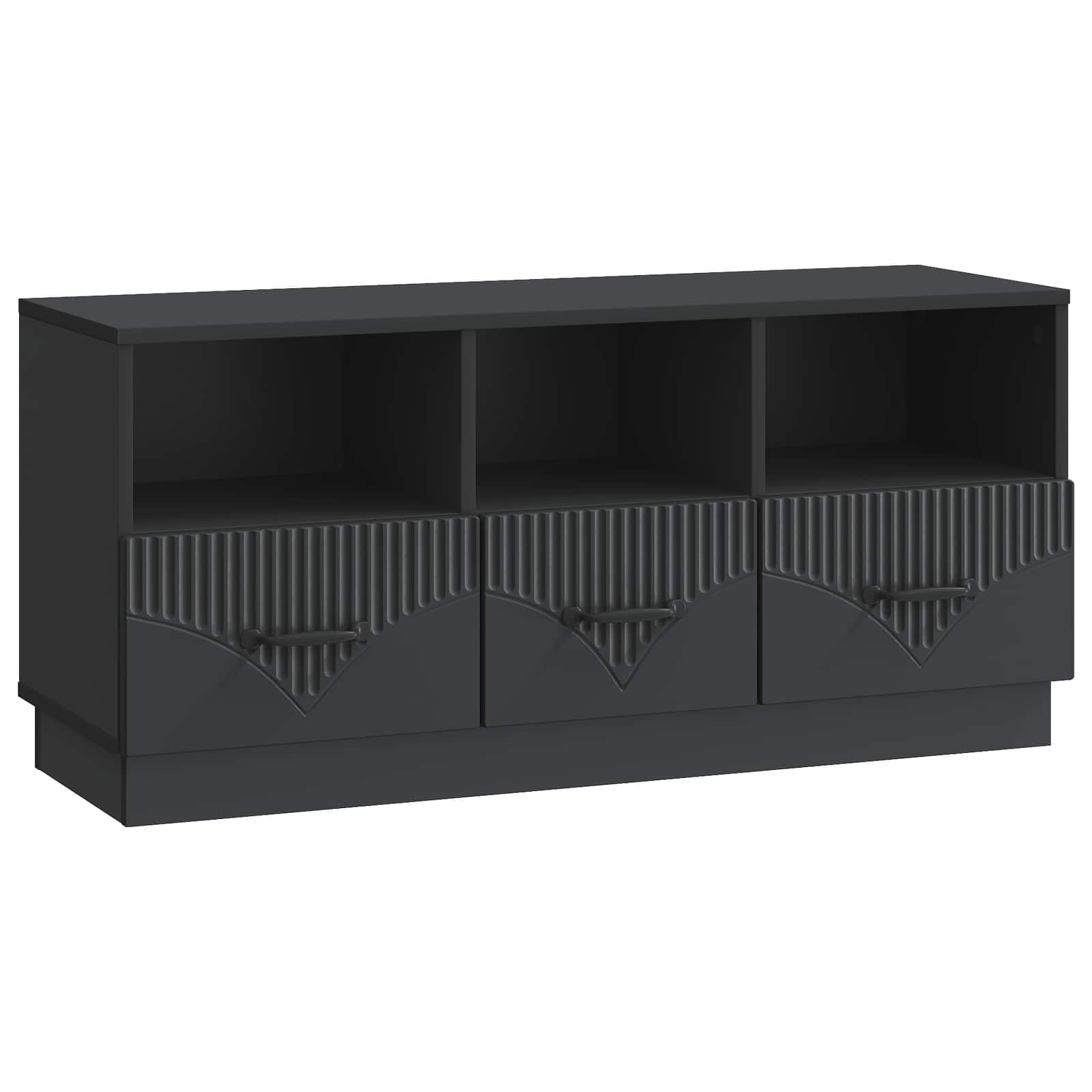 Meuble TV noir avec 3 tiroirs pour organiser les câbles du salon