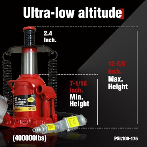 Image of BIG RED TQ20006D-1 Torin Welded Low Profile Pneumatic Hydraulic Car Bottle Jack: Aluminum Alloy Pump and Unique Slow Release Equipment for Auto Repair and House Lift, 20 Ton (40,000 LBs) Capacity, Red