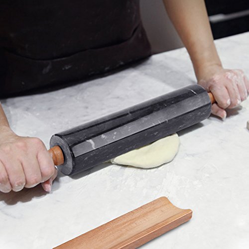 Flexzion Black Marble Rolling Pin, 10-inch with Wooden Handle and Holder Base Stand, Marble Rolling Pin for Baking Pastry Pizza Dough Roller Fondant Cookie Pie Crust Pasta Bakery Roller Pin - Image 6
