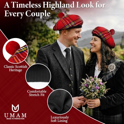 Image of Scottish Tam O' Shanter Hat Tartan Bonnet Pom Pom Wool Flat Cap One Size