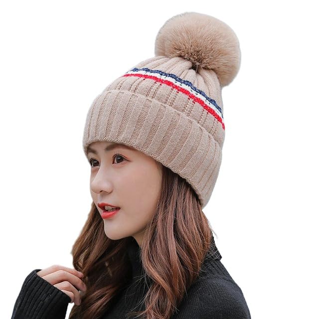 Winter Cap for Women : Korean Style Beanie with Pompom Double Layers (Soft Warm Cotton Inside) Knit caps Lightweight Beanie Cap for Women Girls Daily Use Autumn & Winter Cap-image-28