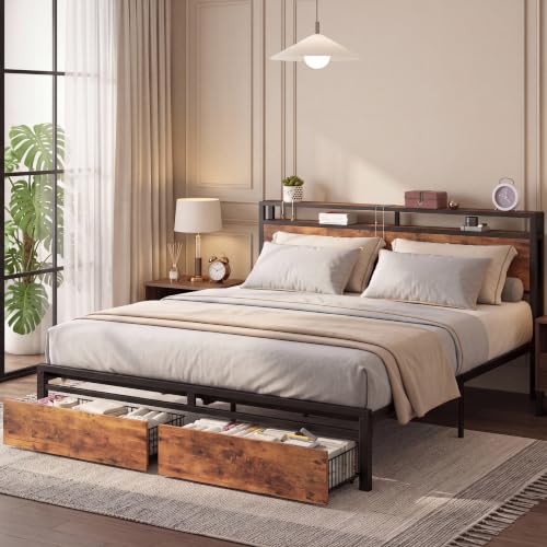LIKIMIO King Size Bed Frame with Storage Headboard Platform King Bed with 2 Drawers and Charging Station Heavy-Duty Metal Slats No Box Spring Needed Easy Assembly Retro Brown