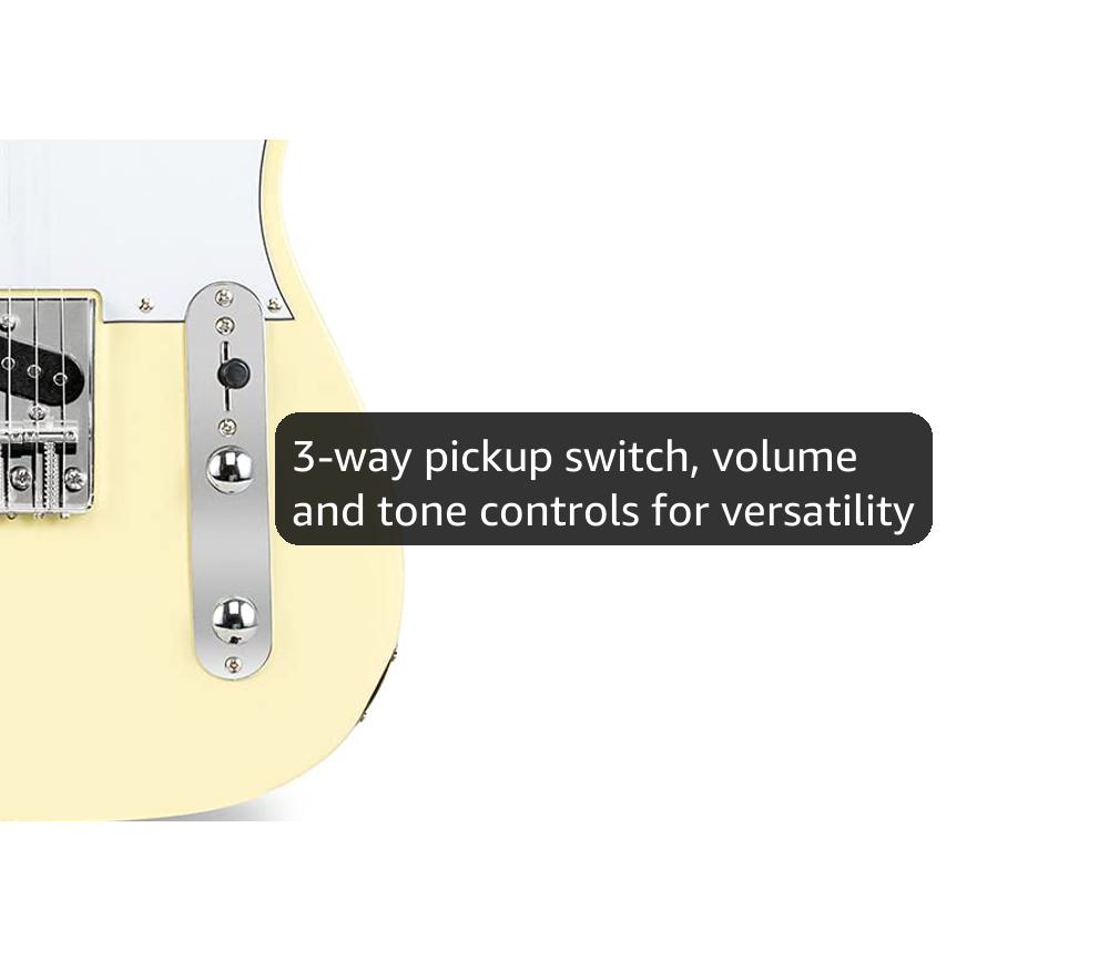 LyxPro 30” Electric Guitar TL Series, Full-Size Paulownia Wood Body, 3-Ply Pickguard, C-Shape Neck, Ashtray Bridge, Quality Gear Tuners, 3-Way Switch & Volume/Tone Controls, 2 Picks Included, White