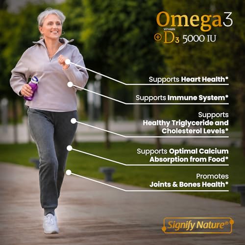 Image of SIGNIFY NATURE Omega-3 + D3 Fish Oil 1000mg / Vitamin D3 5000IU 90 Softgels | Omega3 1000mg Triglyceride Capsules, Heart Health & Immune Support, High Potency EPA DHA + VIT D 3, 3-Month Daily Supplement