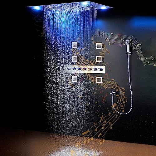 Sistema de ducha Cascada Luxurious Design 23"x31" con LED, altavoz Bluetooth incorporado y 6 funciones (Lluvia, Cascada, Cortina, Neblina, Jets de cuerpo y ducha de mano) en acabado dorado cepillado