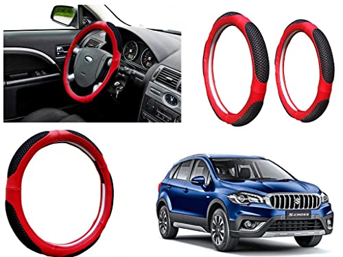 Image of Microfiber Car Steering Wheel Cover, Soft Padding Great Hand Feel, Anti-Slip, Faux Leather Steering Cover for Maruti Suzuki Scross Facelift | Black Red Jali - Pack of 1