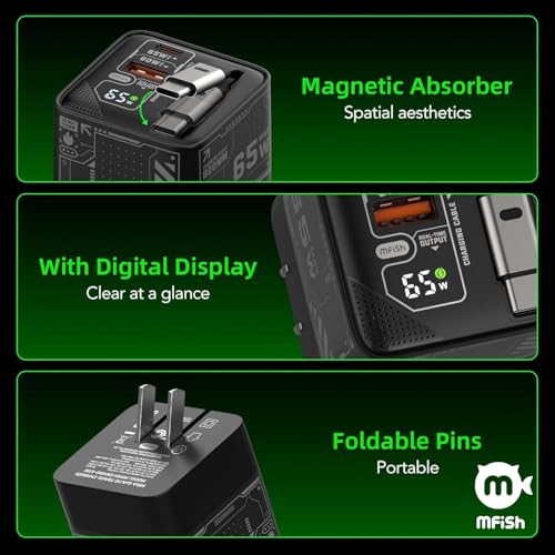 Image of MFish 65W GaN Fast Wall Charger, USB C Charger Block Built‑in 2.6ft Retractable USB‑C Cable, USB‑C & USB‑A Wall Charger with Digital Display for iPhone, iPad, MacBook, Samsung Galaxy (Matte Black)