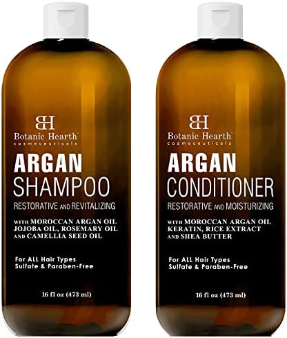 BOTANIC HEARTH Argan Oil Shampoo and Conditioner Set - with Keratin, Restorative & Moisturizing, Sulfate Free - All Hair Types & Color Treated Hair, Men and Women - (Packaging May Vary) -16 fl oz each