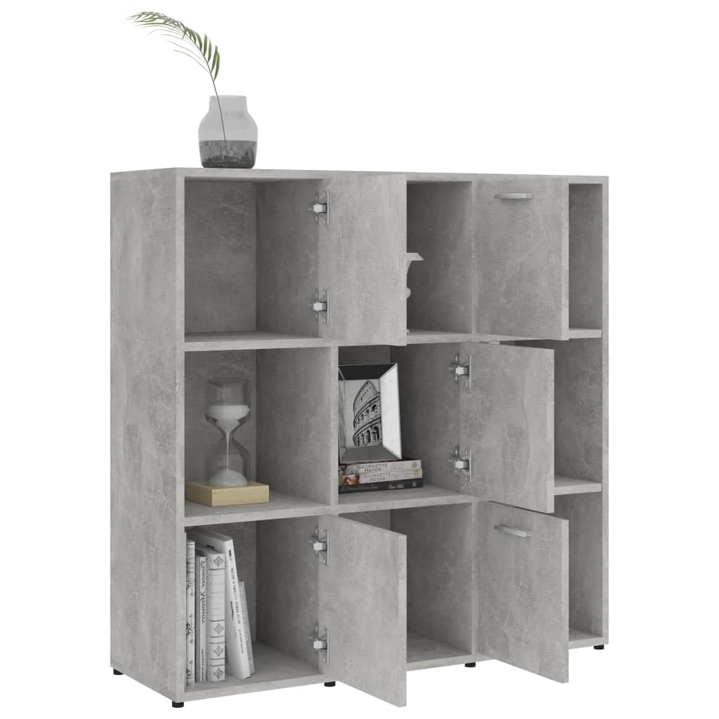 Fengshui Regał na książki, szary betonowy, 90 x 30 x 90 cm, z materiału drewnopochodnego, 9 półek, regał na książki z drzwiami, 5 półek na książki i dekoracje, łatwy w utrzymaniu i stabilny