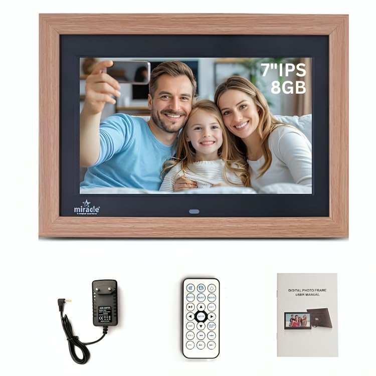Miracle Digital 7''(17.78) Digital Photo Frame with Hi Def Screen, USB Disk Card, Remote Photos Slide Show, Video Audio, Support SD Built in 8 GB Memory & 2GB RAM(Light Brown)