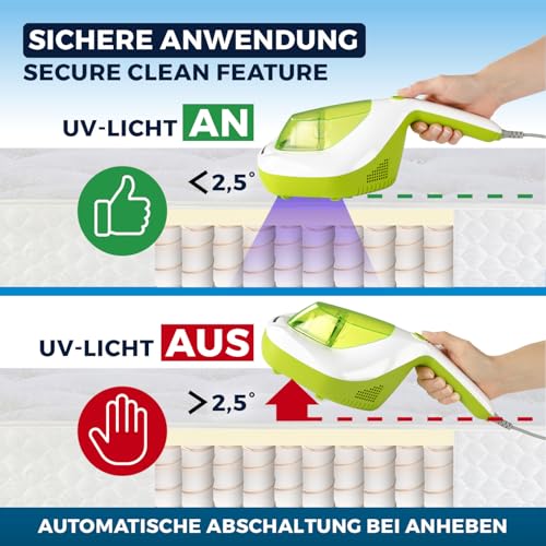 CLEANmaxx Milbensauger für Matratzen mit UV-C-Licht | Matratzenreiniger mit HEPA-Filter, entfernt 99,9% Aller Milben | Matratzensauger mit Ultraschall, Hitze & Vibration