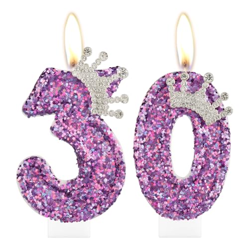 Velas de cumpleaños número 30 para niñas, corona morada, vela número 30 para decoración de tartas para niñas, fiesta de cumpleaños, boda, aniversario, celebración