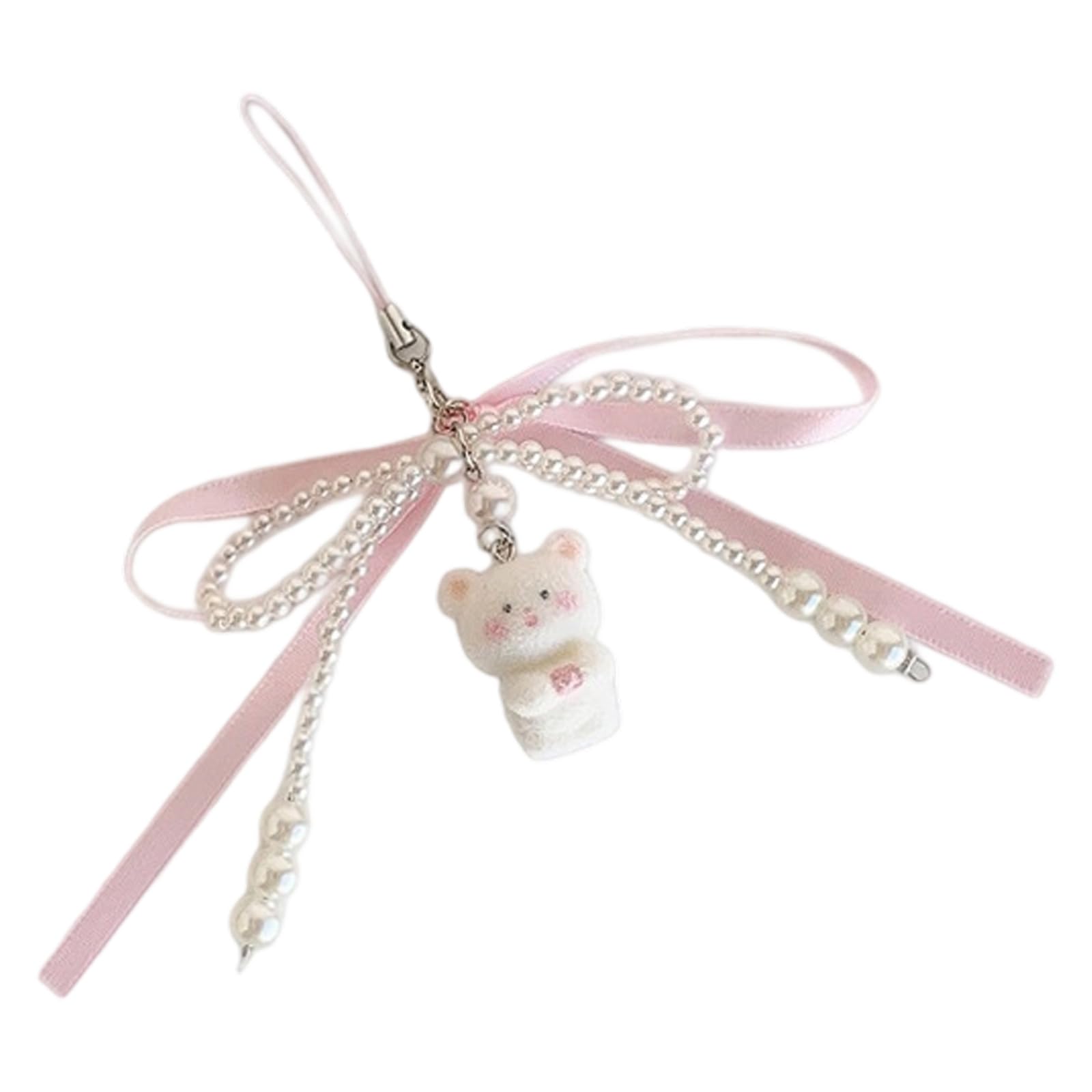 OSNIYAW Pearls Bowknot Bear Rings Flocking Design Animal Pendant Keychain Elegant Bag Carabiner Decoration Imitation Pearls Bear Keychain with Bowknot