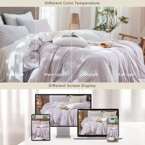 Image of MooMee Striped Duvet Cover Set 100% Washed Cotton Linen Like Queen | Relaxed Linen-like Texture. Soft, Breathable & Long-lasting Comfort. Lightweight. Hidden Zipper with 8 Interior Corner Ties