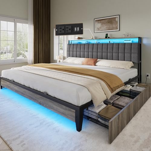 YITAHOME King Size Bed Frame with RGB LED Lights and 4 Drawers, Upholstered Platform Bed with Charging Station and Storage Headboard, No Box Spring Needed, Noise-Free, Fast Assembly, Rustic