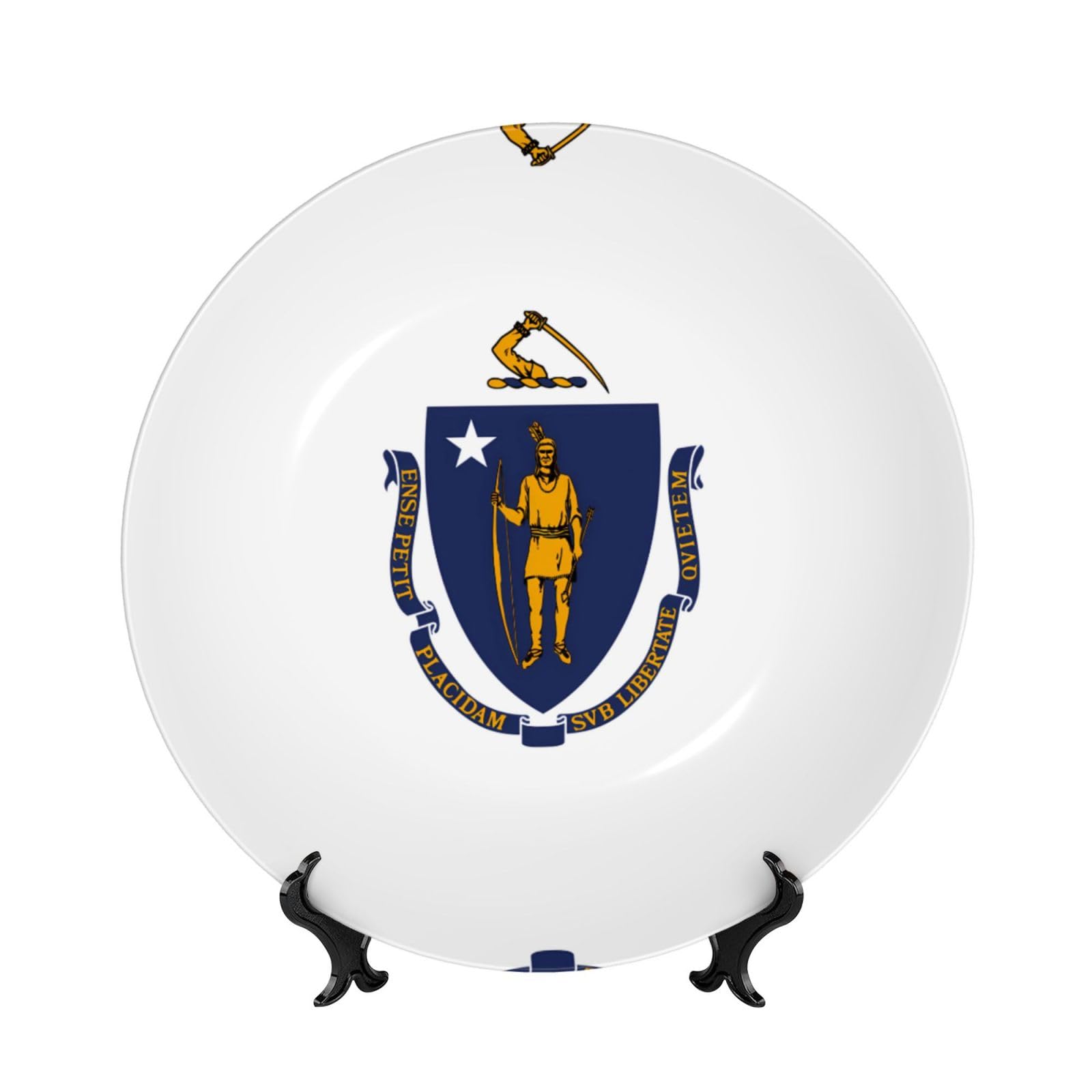 SXZVVBN Massachusetts State Flag Bone China Decorative Plate Art with Stand Removable Adhesive Hanging for Home Office 7in