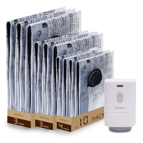 10 Sacs De Stockage Sous Vide+Pompe À Air Électrique Sans Fil -Plusieurs Tailles (3×60×80/3×50×70/4×40×60 CM)Matériau Réutilisable PA+PE, Économise...
