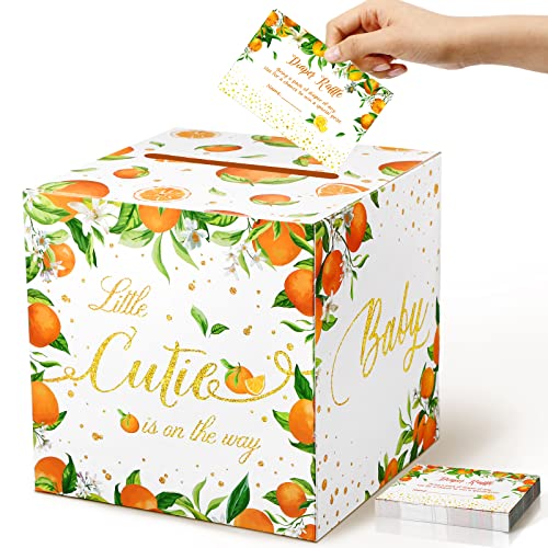 Image of Fumete 51 Pcs Little Cutie Orange Diaper Raffle Card Box with Diaper Raffle Tickets Insert Card Little Cutie Orange Is on The Way, for Baby Shower Game Gender Reveal Party Decorations Supplies Prizes
