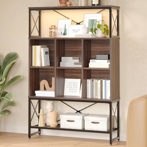 Bestier 43 Inch Wide Bookshelf 5 Tier, Mid-Century Modern Bookcase with LED Light, 6 Cubes, 3 Open Storage Shelves Adjustable and Anti-toppling Design for Living Room & Study Room, Walnut
