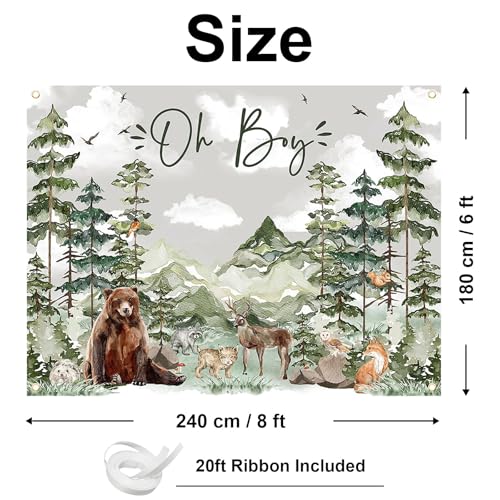 Image of Avezano Oh Boy Backdrop Forest Adventure Baby Shower Photography Background Mountain Wilderness Woodland Baby Shower Decorations Watercolor Greenery Forest Party Photoshoot Banner (8 x 6 ft)