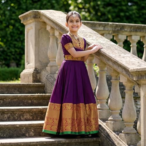 Image of Girls Silk Pattu Gown for Kids Traditional South Indian Long Ethnic Dress | Baby Girl Festival Pavadai Sattai Style Party Wedding Birthday Special Occasion Outfit