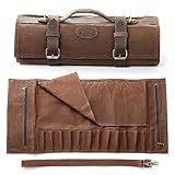 XINZUO Chef Knife Roll Bag-Professional Chef Knife Case-16oz Waxed Canvas and Crazy Horse Leather -With 12 Slots Plus 2 Zipper Pockets to Hold Kitchen Cooking Tools-Travel Tool Roll Pouch(Bag Only)