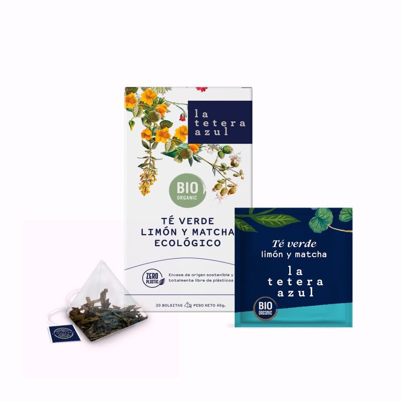 LA TETERA AZUL Té Verde Limón y Matcha Japonés, Infusión Refrescante y Estimulante, Aromática y Astringente, Ideal para Despertar Cuerpo y Mente, 20 pirámides