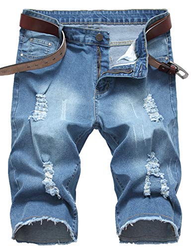 Men's Summer Ripped Vintage Washed Distressed Straight Fit Knee Length Denim Shorts,Blue,36