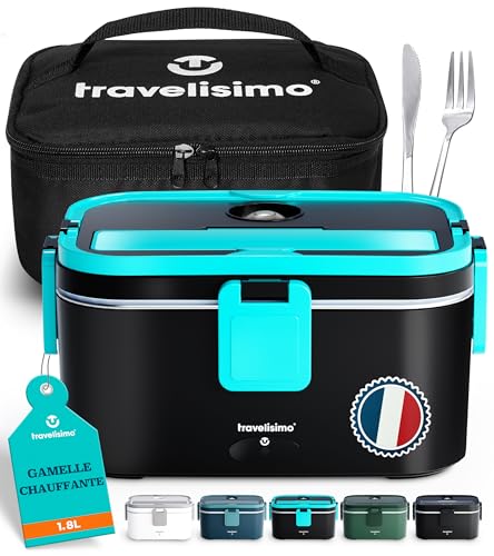 TRAVELISIMO XL Gamelle Chauffante Grande Capacité 1,8L Lunch Box Chauffante 100W Chauffe Repas 3 en 1 220V 24V 12V, chauffe Plat voiture, Gamelle Chauffante...