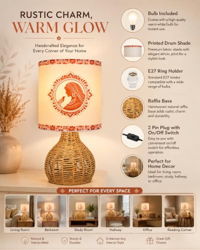 Image of Homesake Handwoven Rattan Table Lamp with Aipan Art Printed Fabric Shade, Decorative Raffia Spinning Bedside Lamp, Boho Table Lamp with E27 Holder, Study, Living Room & Bedroom Decor