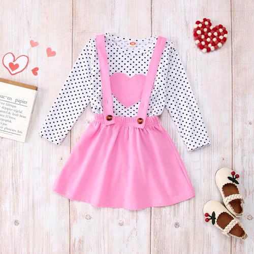 Toddler Baby Girls Valentines Outfits Long Sleeve Dot Heart Shirt Top Red Suspender Skirt Clothes Set(Pink, 6-7T(130)）2