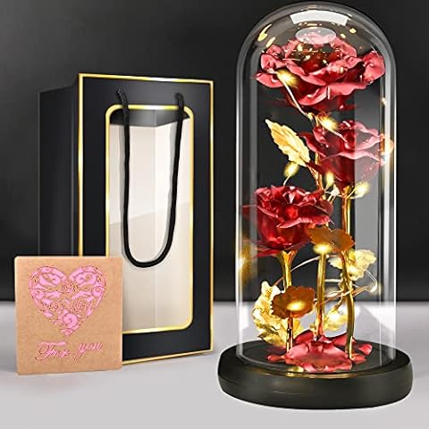 BoriYa Ewige Rose im Glas -Infinity Rosen Muttertagsgeschenke für Mama,Schöne und das Biest Rose mit Licht,3 Rot Sparkly Rose in Glaskuppel, LED Glas Galaxy Rosen Geburtstag Geschenk für Frauen,Mutter Cover